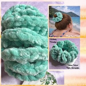 Handmade VELVET Pastel Aqua Green Crochet Scrunchie Chunky Oversized Hair Tie